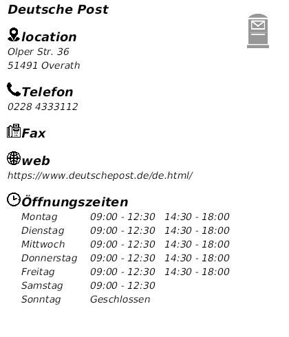 Öffnungszeiten Deutsche Post Olper Straße 33 in Overath.